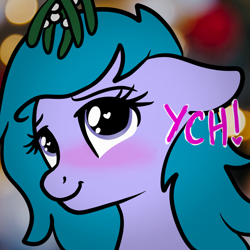 Size: 2100x2100 | Tagged: safe, artist:lannielona, imported from derpibooru, oc, oc only, pony, advertisement, blushing, bust, christmas, commission, cute, female, holiday, lights, mare, mistletoe, portrait, solo, wingding eyes, your character here