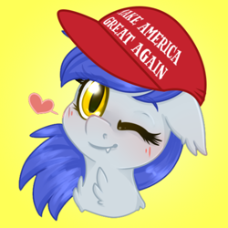 Size: 498x498 | Tagged: artist needed, source needed, safe, deleted from derpibooru, imported from derpibooru, oc, oc:gabriel, bat pony, pony, blushing, bust, cap, cute, ear tufts, female, floppy ears, hat, heart, looking at you, make america great again, mare, mouthpiece, neck fluff, ocbetes, one eye closed, politics, simple background, smiling, wink, yellow background