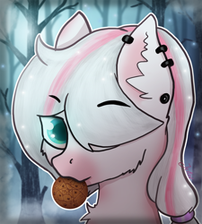 Size: 1200x1336 | Tagged: safe, artist:jesterpi, imported from derpibooru, oc, oc:aura, pony, blue eyes, cookie, dark, dark forest, food, forest, forrest, glow, glowing, hair over eyes, mane over eyes, piercing, pink, profile picture, spooky