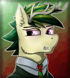 Size: 1200x1336 | Tagged: safe, artist:jesterpi, imported from derpibooru, oc, oc:horny, pony, abstract background, antlers, clothes, fangs, glow, glowing, green and red, necktie, pink, profile picture, red and green, shine, shirt, smiling, smirk