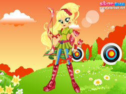 Size: 800x600 | Tagged: safe, artist:user15432, imported from derpibooru, applejack, human, equestria girls, friendship games, archer, archery, arrow, boots, bow (weapon), bow and arrow, clothes, dressup game, flower, headband, high heel boots, ponied up, shoes, solo, sporty style, starsue, target, weapon