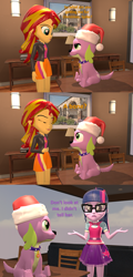 Size: 1550x3240 | Tagged: safe, artist:red4567, imported from derpibooru, sci-twi, spike, spike the regular dog, sunset shimmer, twilight sparkle, dog, equestria girls, 3d, angry, christmas, comic, garfield, hat, hearth's warming eve, holiday, santa hat, source filmmaker