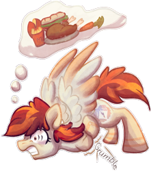 Size: 841x950 | Tagged: safe, artist:amura-of-jupiter, artist:tiothebeetle, imported from derpibooru, oc, oc only, oc:amura, bird, pegasus, pony, turkey, series:austria tales, carrot, cheese, cheese wheel, cooked, cringing, empty stomach, face down ass up, fasting, female, food, french fries, gritted teeth, holding stomach, hooves on belly, hungry, onomatopoeia, pegasus oc, ponies wanting to eat meat, shrunken pupils, simple background, solo, spread wings, starving, stomach growling, stomach noise, straining, stressed, sub sandwich, submarine sandwich, teeth, thought bubble, transparent background, wings