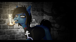 Size: 1920x1080 | Tagged: safe, artist:cinnamonbun, artist:german_frey, imported from derpibooru, earth pony, pony, undead, zombie, zombie pony, bring me the horizon, candle, clothes, commission, fangs, long sleeves, male, mouth hold, oliver sykes, ponified, scar, shadow, shirt, solo, stallion, stitches, tattoo