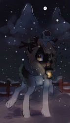 Size: 618x1080 | Tagged: safe, artist:sofiko-ko, imported from derpibooru, oc, oc only, deer, pony, fence, lantern, looking at you, moon, mouth hold, night, pale belly, snow, snowfall, solo, tree, winter