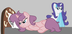 Size: 1090x524 | Tagged: safe, artist:pastel-pocky, imported from derpibooru, rarity, oc, oc:cherry soda, pony, unicorn, angry, base used, bed, blanket, female, freckles, gray background, mare, offspring, older, older rarity, parent:big macintosh, parent:rarity, parents:rarimac, simple background