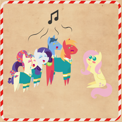 Size: 2000x2000 | Tagged: safe, anonymous artist, imported from derpibooru, big macintosh, fluttershy, rarity, toe-tapper, torch song, pony, series:12 days of hearth's warming, series:fm holidays, 12 days of christmas, big eyes, blush sticker, blushing, border, christmas, clothes, cute, eyes closed, female, fluttermac, hearth's warming, holiday, lidded eyes, looking at each other, male, music notes, pointy ponies, ponytones, ponytones outfit, shipping, shyabetes, singing, sitting, smiling, straight, sweater, texture, twelve days of christmas