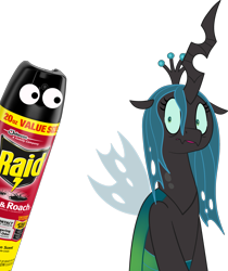 Size: 2839x3387 | Tagged: safe, artist:wispy tuft, derpibooru exclusive, imported from derpibooru, queen chrysalis, changeling, changeling queen, bug spray, bugs doing bug things, female, floppy ears, frown, googly eyes, kills bugs dead, nervous, png, quadrupedal, raid, scared, simple background, spooked, this will end in assassination, this will end in death, this will end in tears, transparent background, wide eyes, worried