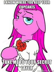 Size: 500x658 | Tagged: safe, imported from derpibooru, pinkamena diane pie, pinkie pie, earth pony, pony, semi-anthro, fanfic:cupcakes, female, misspelling, solo, watermark