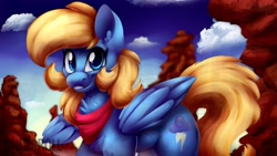 Size: 3840x2160 | Tagged: safe, artist:shiba_roll, artist:shibaroll, imported from derpibooru, oc, oc:thunderdaze, pegasus, blonde, blonde hair, blue eyes, cutie mark, handkerchief, looking at you, solo, wings
