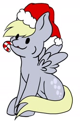 Size: 1372x2082 | Tagged: safe, artist:noxi1_48, imported from derpibooru, derpy hooves, pegasus, pony, :3, candy, candy cane, christmas, commission, dot eyes, female, food, happy, hat, holiday, santa hat, simple background, solo, sugar cane, white background, your character here
