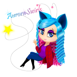 Size: 700x700 | Tagged: safe, artist:auroraswirls, imported from derpibooru, oc, oc only, oc:aurora swirls, human, boots, clothes, eared humanization, female, high heel boots, humanized, makeup, rubber boots, shoes, simple background, sitting, smiling, text, transparent background, waving