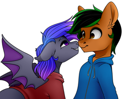 Size: 5906x4724 | Tagged: safe, alternate version, artist:buvanybu, imported from derpibooru, oc, oc:grey, oc:patutu, bat pony, earth pony, pony, blouse, boop, embarrassed, floppy ears, noseboop