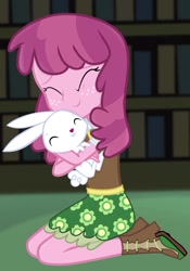 Size: 749x1067 | Tagged: safe, artist:grapefruitface1, artist:ravenwolf-bases, imported from derpibooru, cheerilee, rabbit, equestria girls, animal, base used, bookshelf, clothes, cute, hug, petting, show accurate