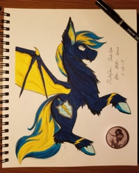 Size: 3024x3780 | Tagged: artist needed, safe, imported from derpibooru, oc, oc only, oc:coldtoon, oc:knight blitz, bat pony, pony, bat pony oc, photo, solo, standing up, traditional art, wings stretched