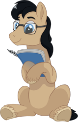 Size: 956x1500 | Tagged: safe, artist:crystalightrocket, artist:crystalightx, imported from derpibooru, oc, oc only, oc:paperback writer, earth pony, pony, 2020 community collab, derpibooru community collaboration, glasses, male, notebook, paper, quill, simple background, sitting, smiling, solo, stallion, transparent background, unshorn fetlocks