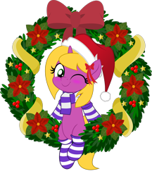 Size: 5000x5786 | Tagged: safe, artist:jhayarr23, imported from derpibooru, part of a set, oc, oc only, oc:bright star, pony, unicorn, blushing, christmas, clothes, hat, holiday, jhayarr23's holiday ych, movie accurate, one eye closed, santa hat, scarf, simple background, socks, solo, striped socks, transparent background, wink, wreath, ych result