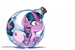 Size: 1600x1070 | Tagged: safe, artist:mashiromiku, imported from derpibooru, twilight sparkle, alicorn, bottle, commission, cork, cute, merry christmas, pony in a bottle, simple background, traditional art, twilight sparkle (alicorn), watercolor painting, white background, wide eyes