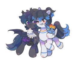 Size: 4000x3325 | Tagged: safe, imported from derpibooru, oc, oc only, bat pony, pegasus, pony, 2020 community collab, derpibooru community collaboration, bat pony oc, bat wings, female, grin, hug, nightmare moon plushie, one eye closed, plushie, rainbow dash plushie, smiling, transparent background, winghug, wings