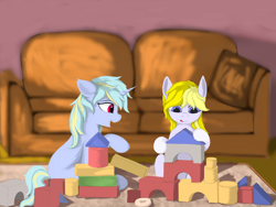 Size: 4608x3456 | Tagged: safe, artist:lemonsoup, imported from derpibooru, oc, oc:cevy cyanstrings, oc:dreamy cyanstrings, pegasus, pony, unicorn, brother and sister, colt, female, filly, foal, male, siblings, toy, toy block