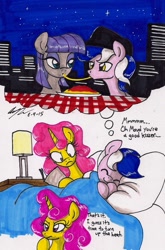 Size: 1087x1646 | Tagged: safe, artist:newyorkx3, imported from derpibooru, maud pie, oc, oc:karen, oc:mikey, earth pony, pony, unicorn, bed, blanket, book, building, canon x oc, cap, city, dream, female, food, hat, husband and wife, kakey, lady and the tramp, lamp, male, night, pasta, pillow, sleeping, table, this will end in sleeping on the couch, unamused