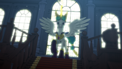 Size: 1920x1080 | Tagged: safe, artist:feuerrader-nmm, idw, imported from derpibooru, princess celestia, pony, reflections, spoiler:comic, 3d, evil celestia, evil counterpart, female, mirror universe, solo, staircase