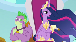 Size: 1280x720 | Tagged: safe, imported from derpibooru, screencap, spike, twilight sparkle, alicorn, dragon, pony, season 9, the last problem, spoiler:s09, claws, discussion in the comments, end of ponies, ethereal mane, female, gigachad spike, it begins, it's happening, jewelry, male, mare, older, older spike, older twilight, pony history, princess twilight 2.0, regalia, twilight sparkle (alicorn), winged spike, wings