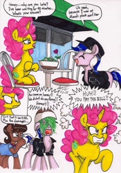 Size: 1382x1970 | Tagged: safe, artist:newyorkx3, imported from derpibooru, oc, oc only, oc:karen, oc:mikey, earth pony, pony, unicorn, angry, bowl, cap, chair, clothes, daisy (flower), female, flower, food, grass, gritted teeth, hat, husband and wife, implied maud pie, jacket, kakey, male, restaurant, table, unamused, window