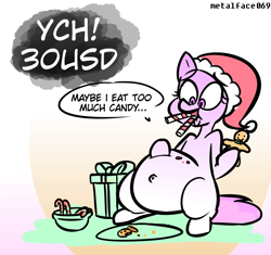 Size: 860x810 | Tagged: safe, artist:metalface069, imported from derpibooru, oc, earth pony, pony, belly button, candy, candy cane, christmas, commission, fat, food, holiday, this will end in colic, your character here