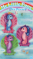 Size: 549x984 | Tagged: safe, imported from derpibooru, sealight, seawinkle, wavedancer, fish, goldfish, sea pony, backcard, bow, bubble, g1, hair bow, hasbro, my little pony logo, official, shell, story