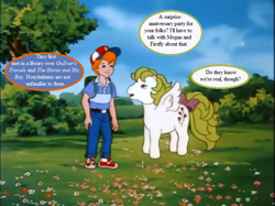 Size: 771x576 | Tagged: safe, edit, edited screencap, imported from derpibooru, screencap, danny williams, surprise, my little pony 'n friends, the great rainbow caper, adoraprise, baseball cap, bow, cap, cute, dannybetes, dialogue, g1, gulliver's travels, hat, implied firefly, implied megan, misspelling, narnia, speech bubble, surprise (g1), tail bow, tree