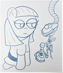 Size: 954x1098 | Tagged: safe, artist:dex stewart, imported from derpibooru, maud pie, bird, crow, earth pony, pony, crow t robot, crow t.robot, gypsy(robot), macro/micro, monochrome, mystery science theater 3000, robots, the bots, tom servo