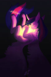 Size: 2894x4375 | Tagged: safe, artist:angusdra, imported from derpibooru, twilight sparkle, alicorn, pony, black background, eyes closed, female, high res, light, mare, simple background, sleeping, solo, spread wings, twilight sparkle (alicorn), unshorn fetlocks, wings