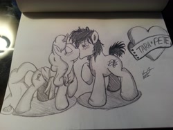 Size: 3264x2448 | Tagged: safe, artist:lucas_gaxiola, imported from derpibooru, earth pony, pony, unicorn, blushing, eyes closed, female, heart, irl, kissing, male, mare, pete wentz, photo, ponified, raised hoof, shipping, signature, stallion, tara strong, traditional art