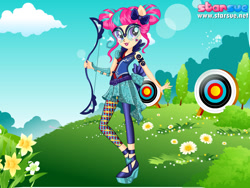 Size: 800x600 | Tagged: safe, artist:user15432, imported from derpibooru, sour sweet, human, equestria girls, friendship games, archer, archery, arrow, bow, bow (weapon), bow and arrow, clothes, dressup game, flower, glasses, goggles, ponied up, shoes, solo, sporty style, starsue, target, weapon