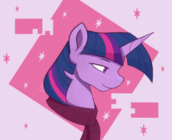 Size: 1280x1040 | Tagged: safe, artist:allforyouart, imported from derpibooru, twilight sparkle, pony, abstract background, bust, clothes, portrait, profile, scarf, smiling