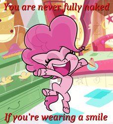 Size: 1200x1318 | Tagged: safe, edit, edited screencap, imported from derpibooru, screencap, pinkie pie, earth pony, pony, my little pony: pony life, caption, cheering, cropped, cute, diapinkes, excited, eyes closed, female, g4.5, happy, hooves up, jumping, open mouth, ponk, smiling, solo, teeth, text, we don't normally wear clothes