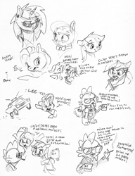 Size: 2426x3155 | Tagged: safe, artist:dilarus, deleted from derpibooru, imported from derpibooru, part of a set, dj pon-3, fluttershy, octavia melody, rainbow dash, spike, vinyl scratch, dragon, earth pony, pegasus, pony, unicorn, black and white, coffee mug, corpse, dialogue, female, glasses, grayscale, male, mare, monochrome, mug, police car, police uniform, simple background, sketch, sunglasses, traditional art, vulgar, white background