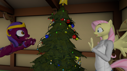 Size: 3840x2160 | Tagged: safe, artist:northern haste, imported from derpibooru, fluttershy, sphinx (character), anthro, sphinx, 3d, 4k, behaving like a cat, christmas, christmas tree, holiday, kitty sphinx, source filmmaker, this will end in tears, tree