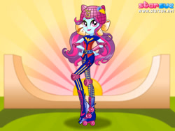 Size: 800x600 | Tagged: safe, artist:user15432, imported from derpibooru, sunny flare, human, equestria girls, friendship games, bow, clothes, dressup game, elbow pads, hair bow, helmet, knee pads, ponied up, roller derby, roller skates, rollerblades, skates, solo, sporty style, starsue