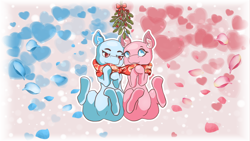 Size: 1280x720 | Tagged: safe, artist:mythos art, artist:php139, imported from derpibooru, oc, oc only, advertisement, chibi, clothes, commission, duo, love, mistleholly, scarf, shared clothing, shared scarf, sitting, wip, your character here