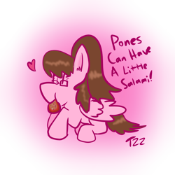 Size: 894x894 | Tagged: safe, artist:thunderzizi, imported from derpibooru, oc, oc only, oc:zizi horse, pegasus, pony, cats can have little a salami, food, meat, meme, ponies eating meat, ponified meme, solo