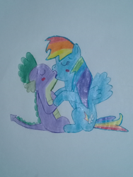 Size: 2448x3264 | Tagged: artist needed, safe, imported from derpibooru, rainbow dash, spike, female, kissing, male, rainbowspike, shipping, straight, traditional art