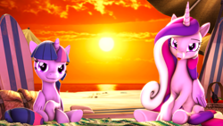 Size: 3840x2160 | Tagged: safe, artist:apexpredator923, imported from derpibooru, princess cadance, twilight sparkle, alicorn, pony, 3d, beach, duo, sisters-in-law, sitting, source filmmaker, sunset, tongue out, twilight sparkle (alicorn)