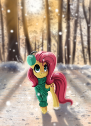 Size: 1368x1892 | Tagged: safe, artist:qbellas, imported from derpibooru, fluttershy, pegasus, pony, bottomless, clothes, cute, earmuffs, female, folded wings, looking up, mare, outdoors, partial nudity, shyabetes, smiling, snow, snowfall, solo, standing, sweater, sweatershy, tree, wings, winter, winter outfit