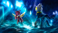 Size: 1920x1080 | Tagged: safe, artist:stdeadra, imported from derpibooru, oc, changedling, changeling, pony, cape, cave, changeling oc, cloak, clothes, crystal, horn, light, red changeling, water, waterfall, wings, yellow changeling