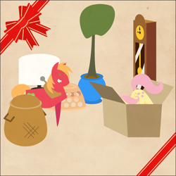 Size: 2000x2000 | Tagged: safe, anonymous artist, imported from derpibooru, big macintosh, fluttershy, pony, series:12 days of hearth's warming, series:fm holidays, 12 days of christmas, ><, basket, border, butt, cardboard box, christmas, eyes closed, female, flutterbutt, fluttermac, grandfather clock, hearth's warming, hiding, holiday, laughing, laundry basket, male, plot, pointy ponies, potted plant, ribbon, shipping, snickering, straight, table, table cloth, tablecloth, texture, tree, twelve days of christmas