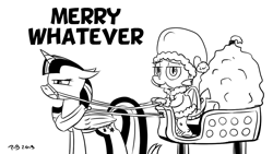 Size: 1200x675 | Tagged: safe, artist:pony-berserker, imported from derpibooru, spike, twilight sparkle, alicorn, dragon, pony, angry, black and white, bridle, christmas, clothes, costume, female, grayscale, hat, holiday, horse collar, i can't believe it's not idw, male, mare, monochrome, not amused face, pony-berserker's twitter sketches, santa costume, santa hat, santa sack, signature, simple background, sketch, sleigh, smug, tack, twilight sparkle (alicorn), unamused, white background, winged spike, wings, yoke