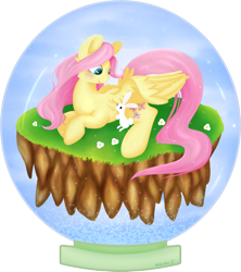 Size: 1772x2000 | Tagged: safe, artist:hirundoarvensis, imported from derpibooru, angel bunny, fluttershy, pegasus, pony, rabbit, animal, blushing, cute, fake snow, female, floating island, mare, shyabetes, simple background, snow globe, snowglobe pony, transparent background