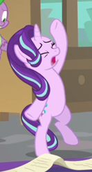 Size: 298x560 | Tagged: safe, imported from derpibooru, screencap, spike, starlight glimmer, dragon, pony, unicorn, the beginning of the end, bipedal, cropped, eyes closed, female, male, mare, offscreen character, open mouth, raised hoof, solo focus, standing, standing on one leg